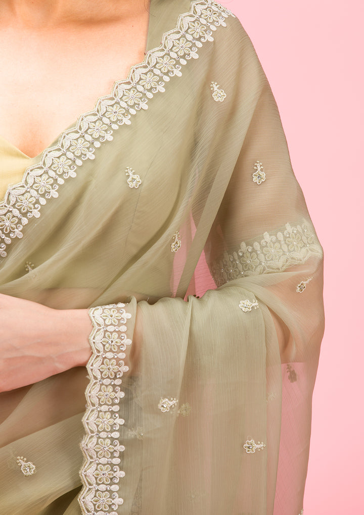 Pista Green Threadwork Chiffon Saree