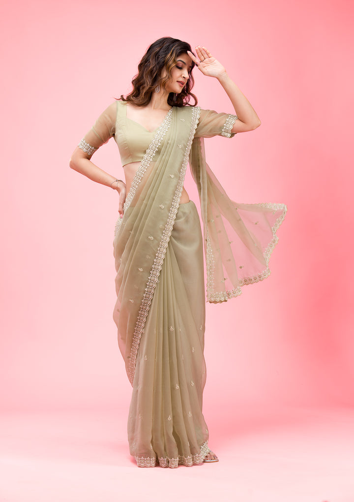 Pista Green Threadwork Chiffon Saree
