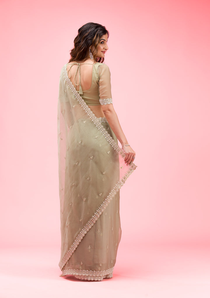 Pista Green Threadwork Chiffon Saree