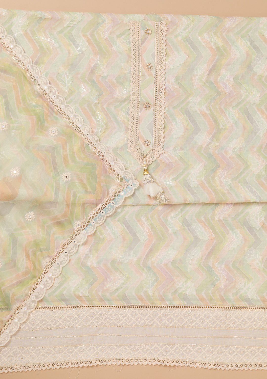 Pista Green Threadwork Cotton Unstitched Salwar Suit
