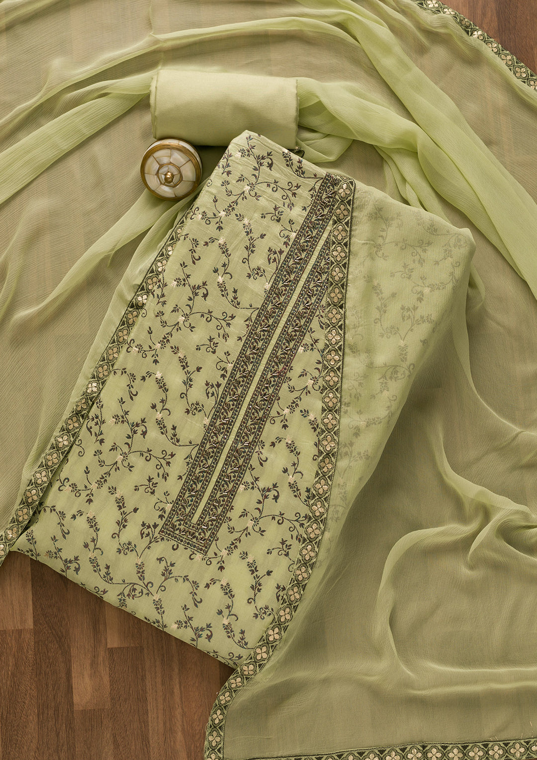 Pista Green Threadwork Cutdana Unstitched Salwar Suit-Koskii