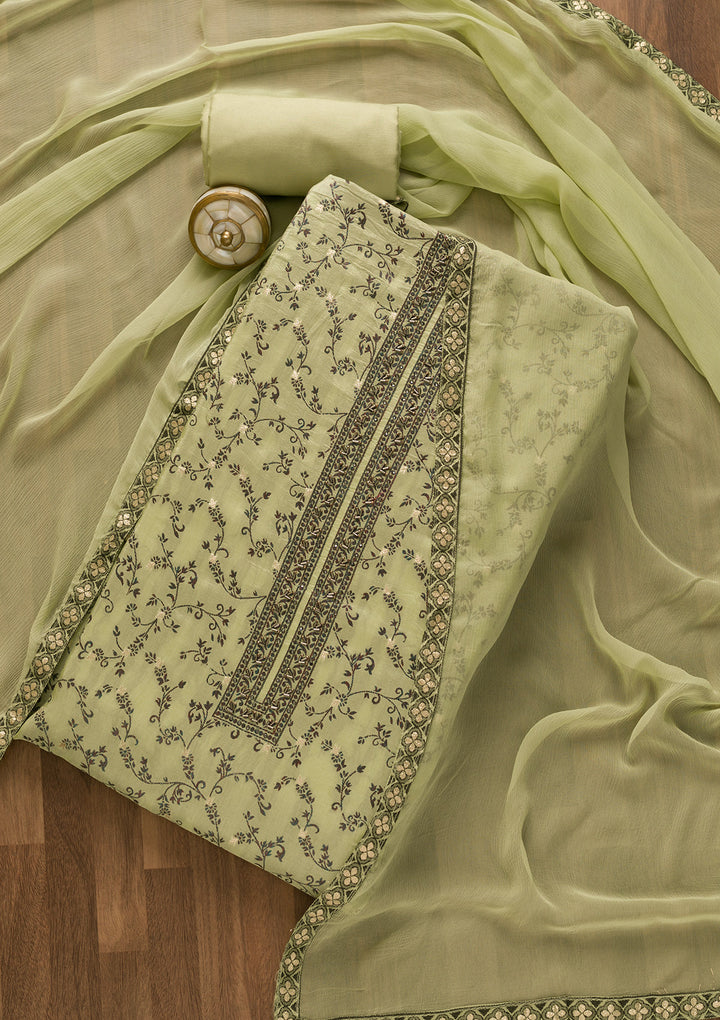 Pista Green Threadwork Cutdana Unstitched Salwar Suit-Koskii