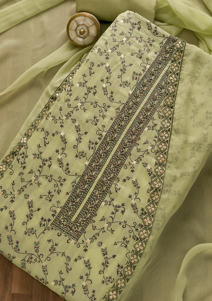 Pista Green Threadwork Cutdana Unstitched Salwar Suit-Koskii