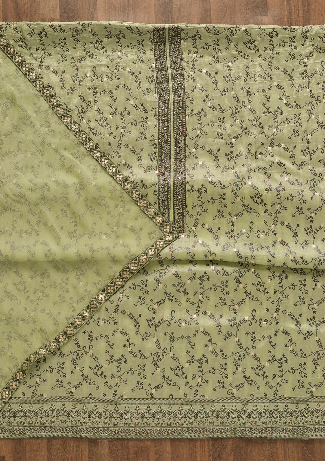 Pista Green Threadwork Cutdana Unstitched Salwar Suit-Koskii