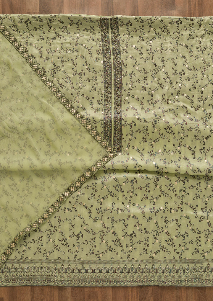 Pista Green Threadwork Cutdana Unstitched Salwar Suit-Koskii