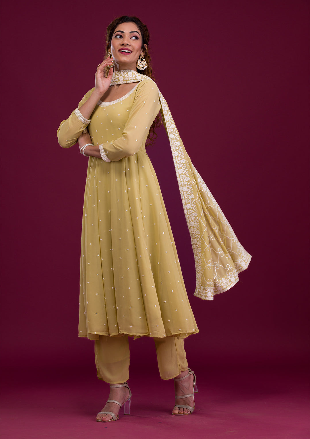 Pista Green Threadwork Georgette Readymade Salwar Suit-Koskii