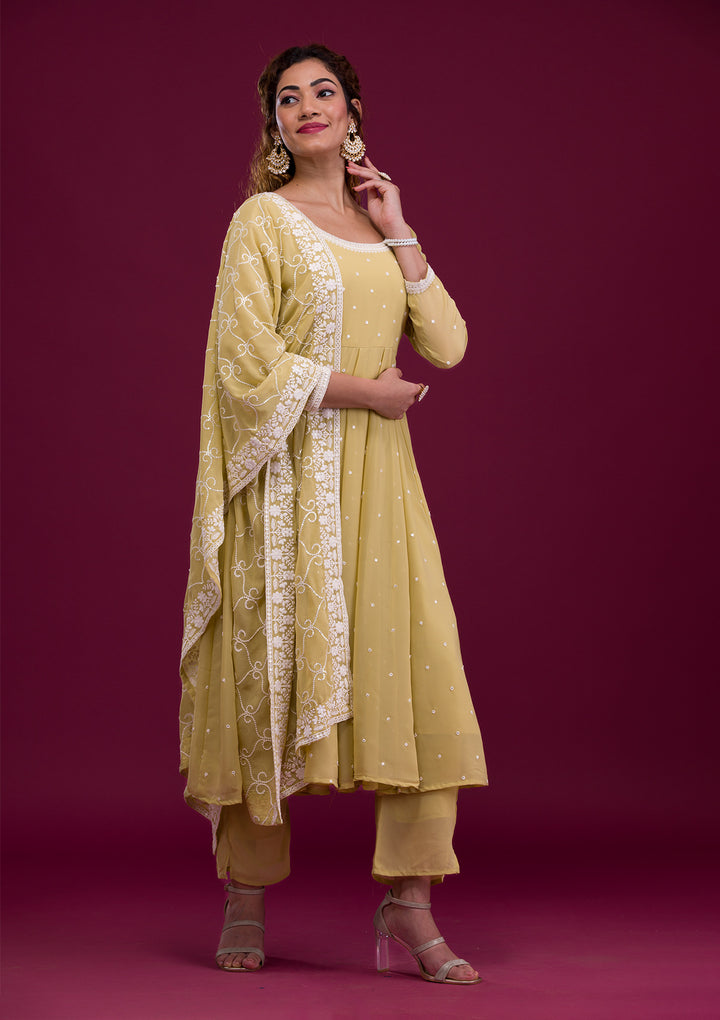 Pista Green Threadwork Georgette Readymade Salwar Suit-Koskii