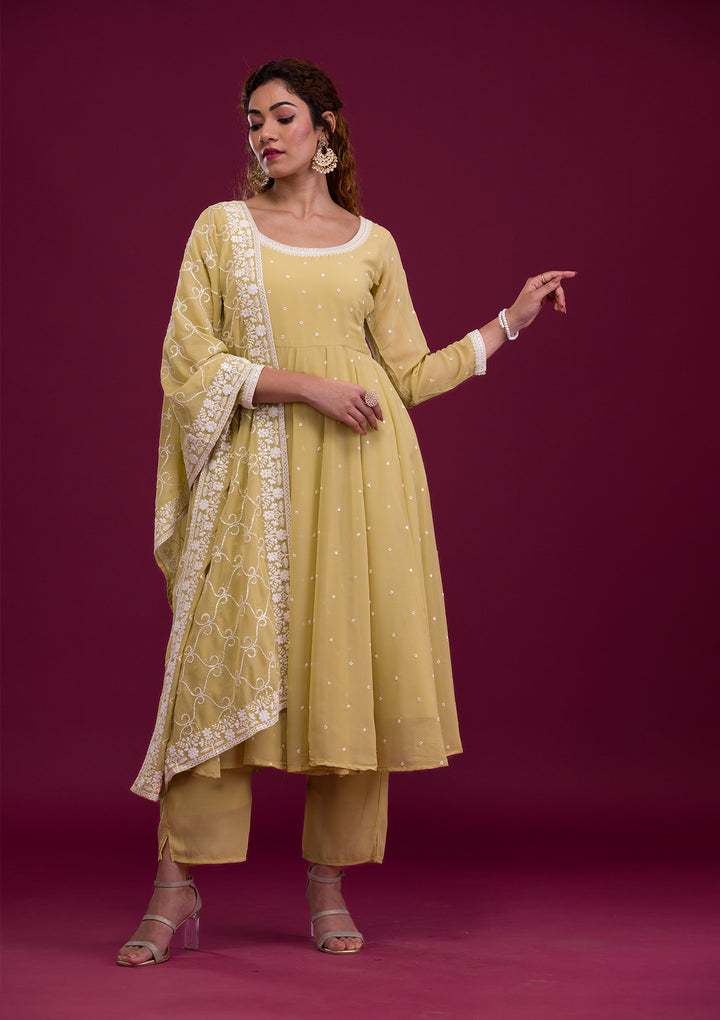 Pista Green Threadwork Georgette Readymade Salwar Suit-Koskii