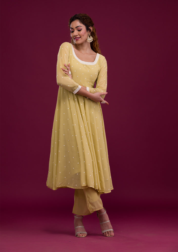 Pista Green Threadwork Georgette Readymade Salwar Suit-Koskii