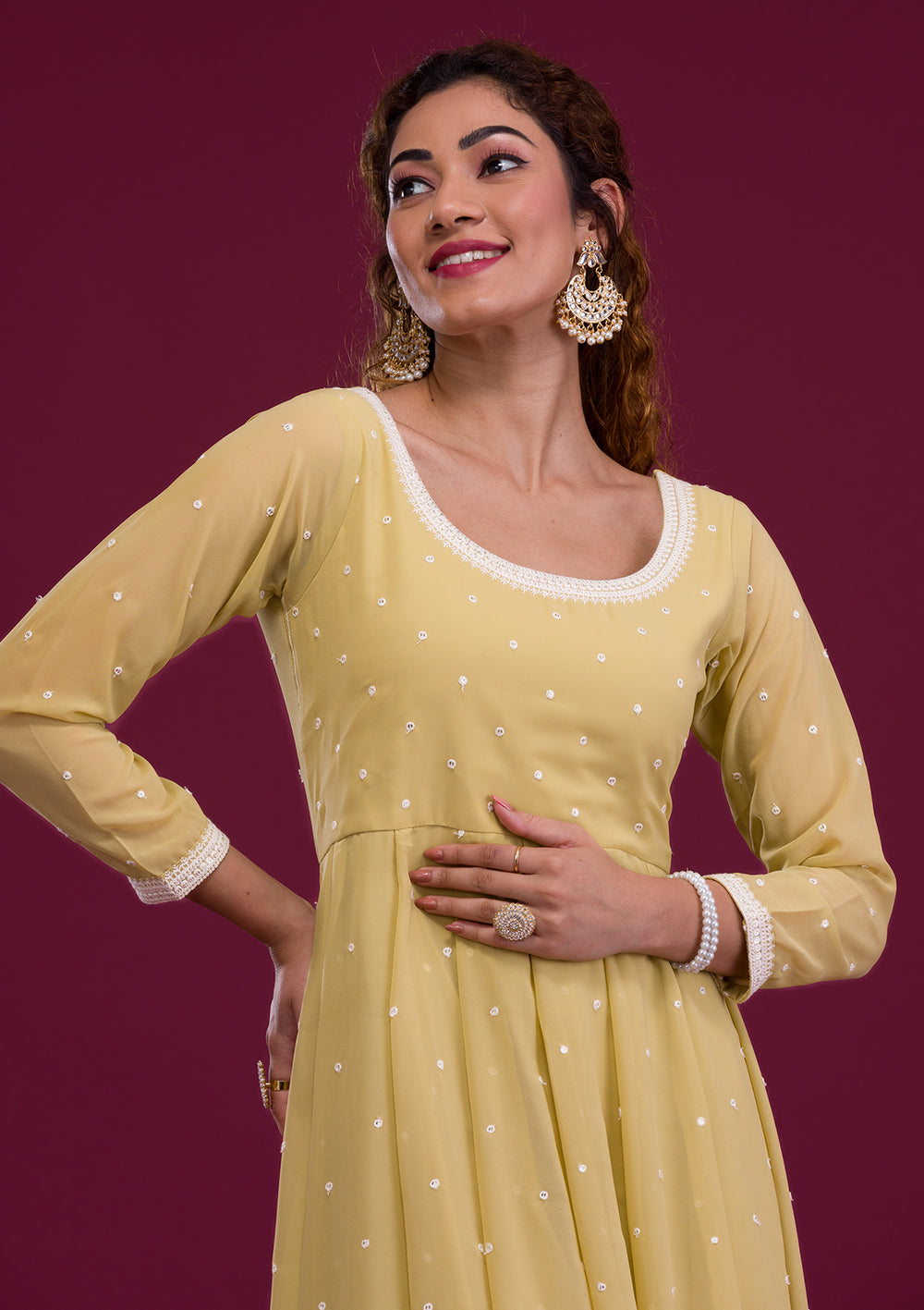 Pista Green Threadwork Georgette Readymade Salwar Suit-Koskii