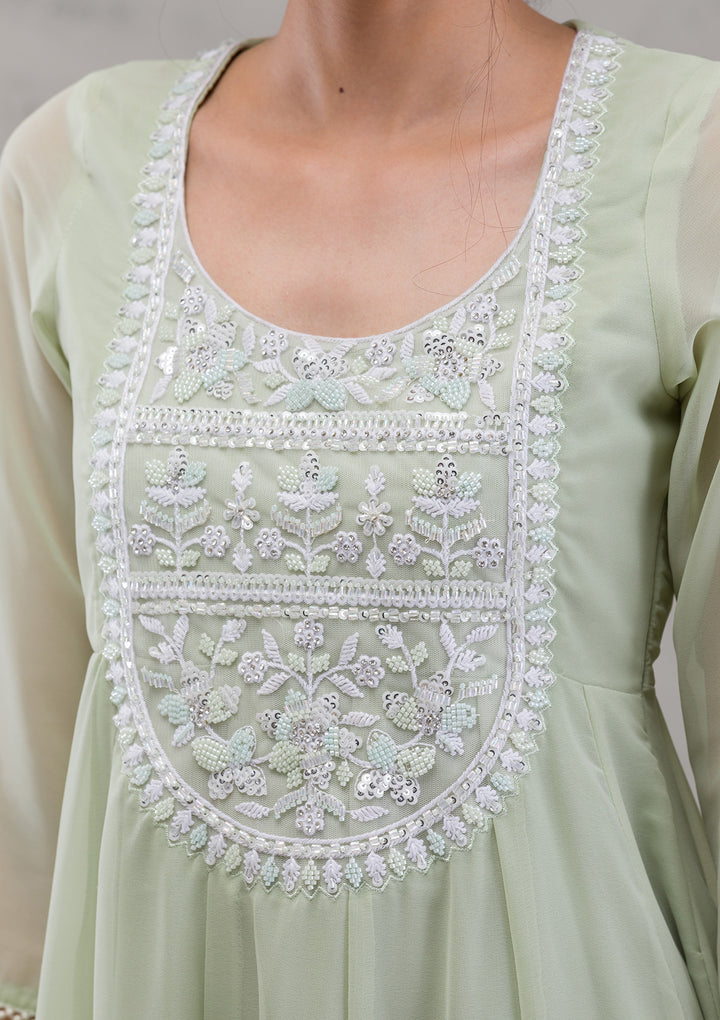 Pista Green Threadwork Georgette Readymade Anarkali Suit