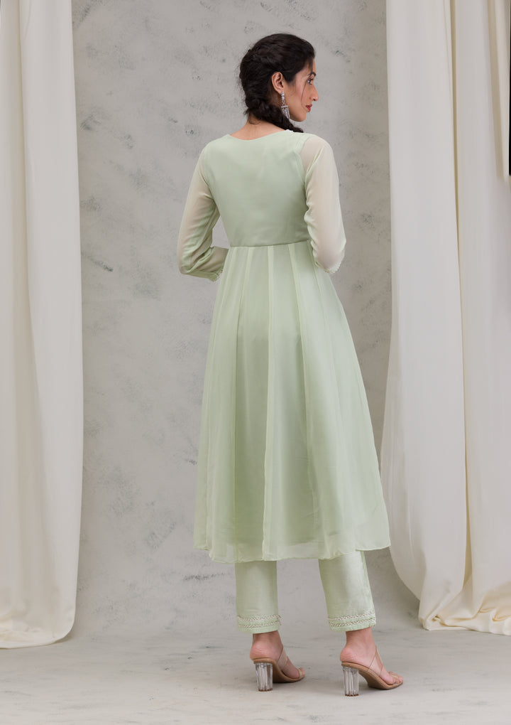 Pista Green Threadwork Georgette Readymade Anarkali Suit