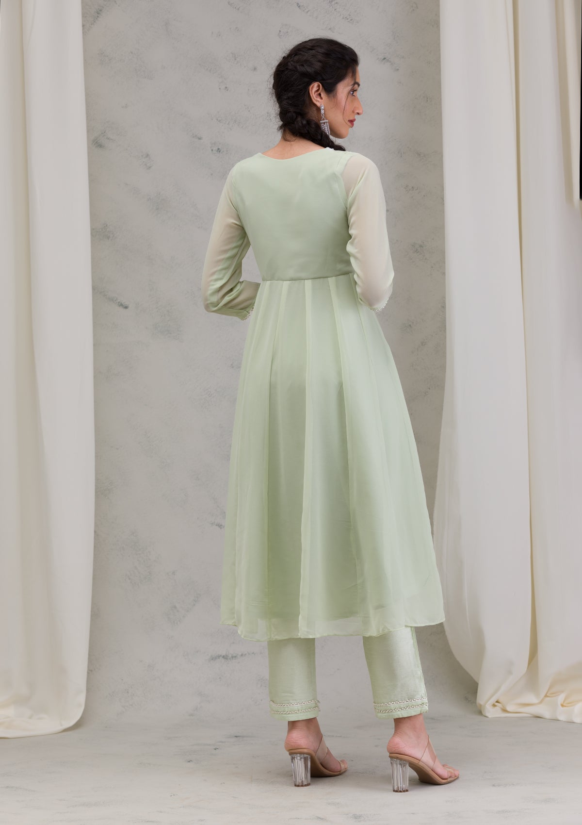 Pista Green Threadwork Georgette Readymade Salwar Suit
