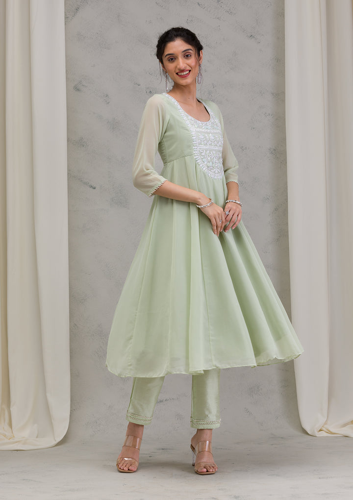 Pista Green Threadwork Georgette Readymade Anarkali Suit