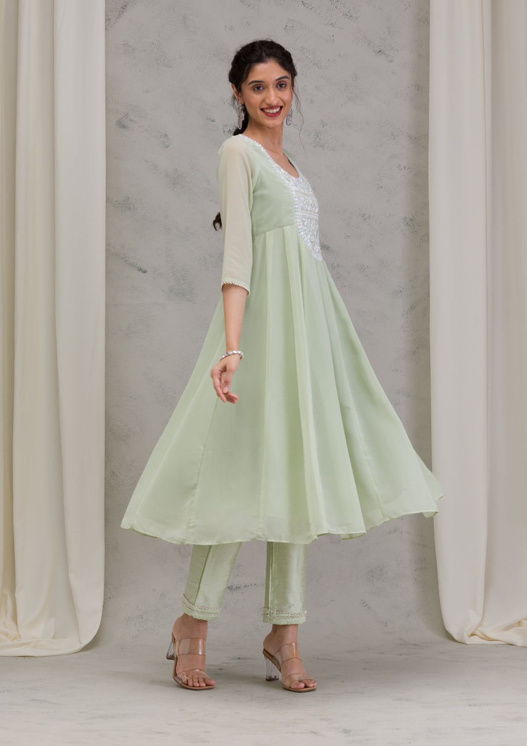 Pista Green Threadwork Georgette Readymade Anarkali Suit