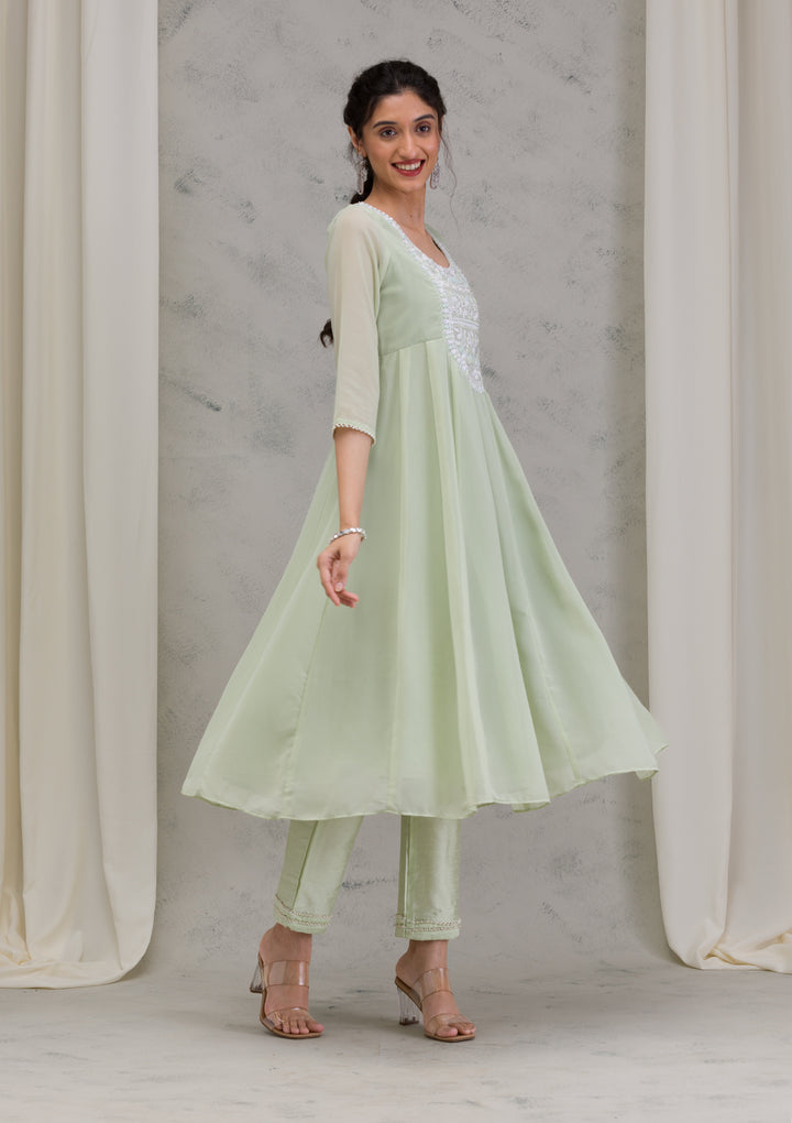 Pista Green Threadwork Georgette Readymade Anarkali Suit