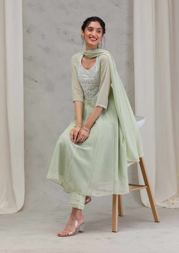Pista Green Threadwork Georgette Readymade Anarkali Suit