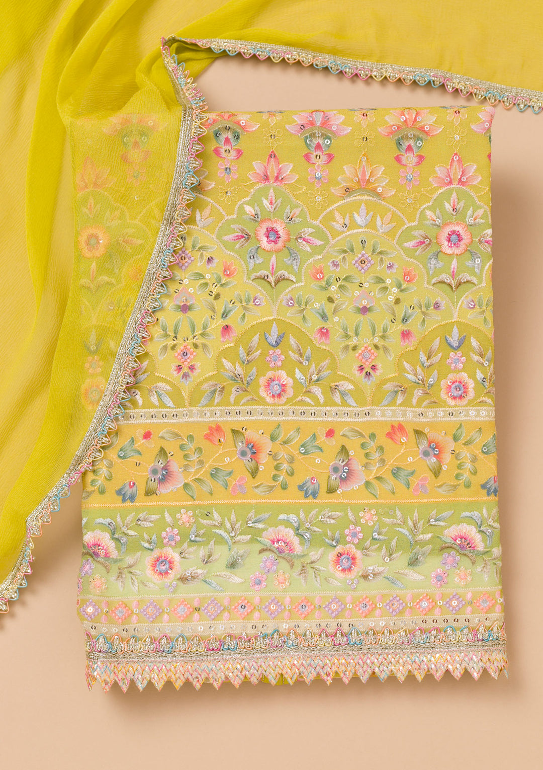 Pista Green Threadwork Georgette Unstitched Salwar Suit