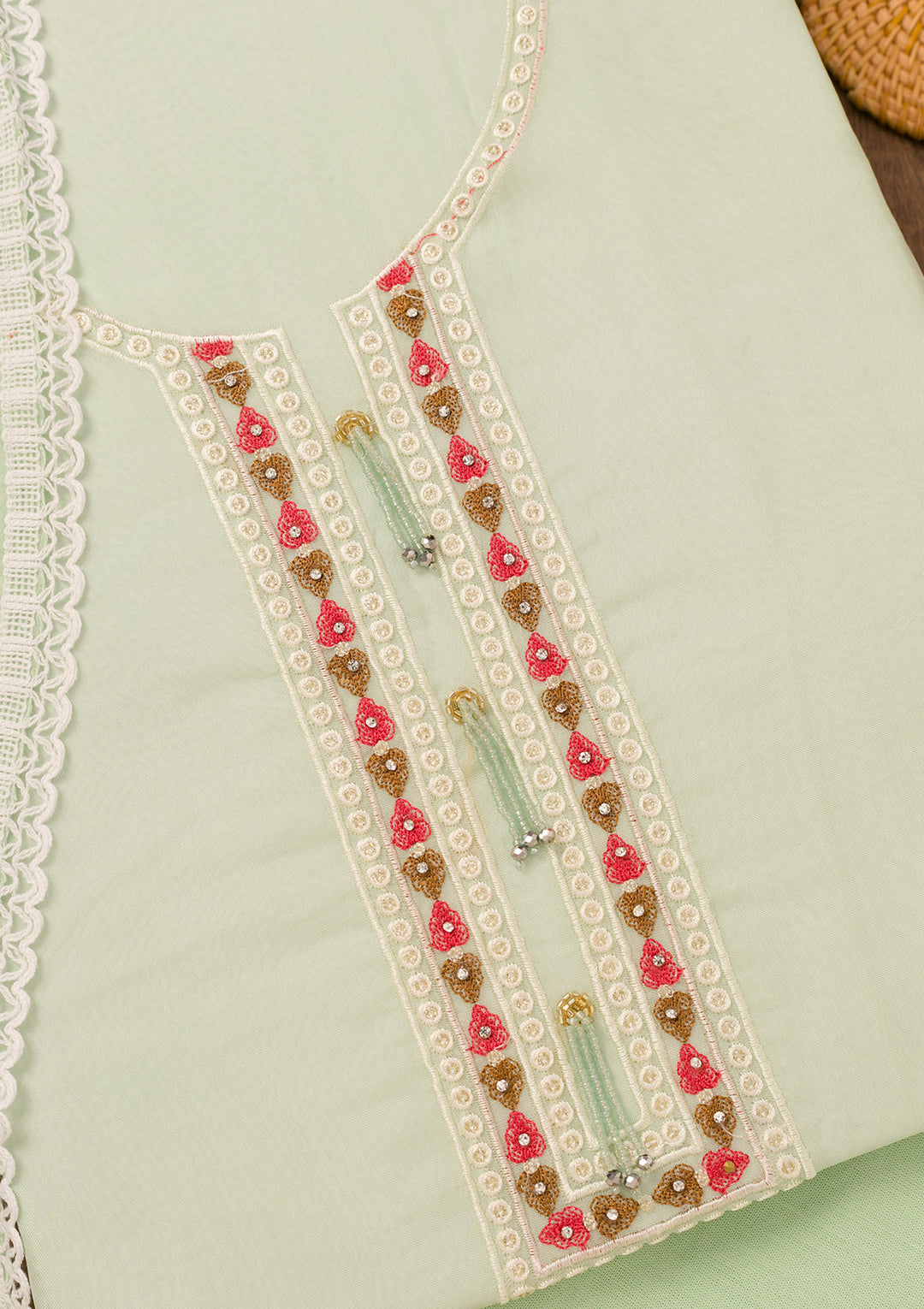 Pista Green Threadwork Georgette Unstitched Salwar Suit