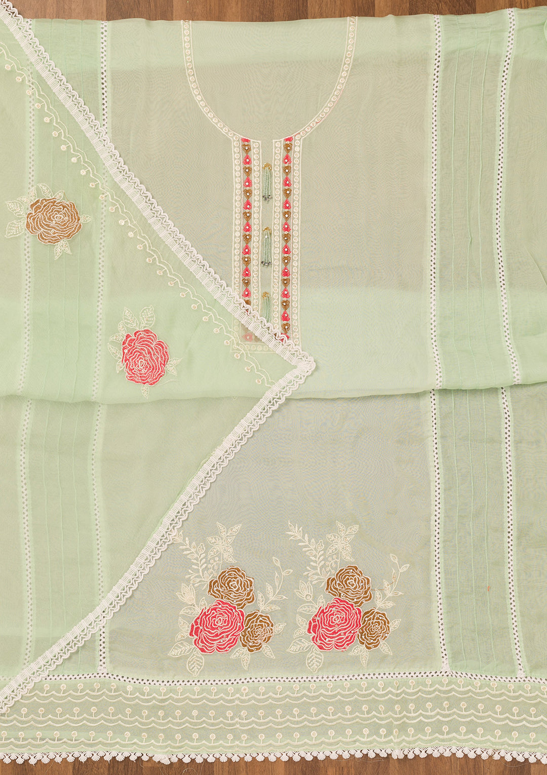 Pista Green Threadwork Georgette Unstitched Salwar Suit