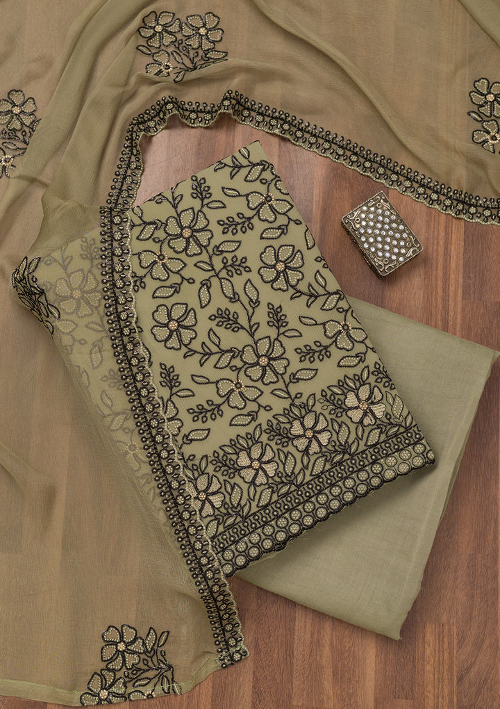 Pista Green Threadwork Georgette Unstitched Salwar Suit