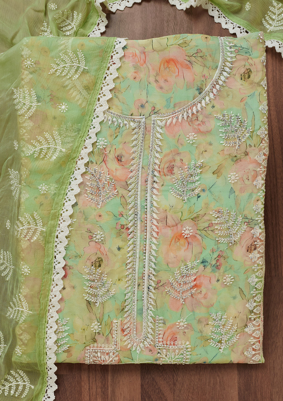 Pista Green Threadwork Georgette Unstitched Salwar Suit