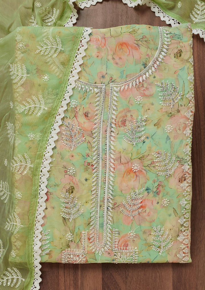 Pista Green Threadwork Georgette Unstitched Salwar Suit