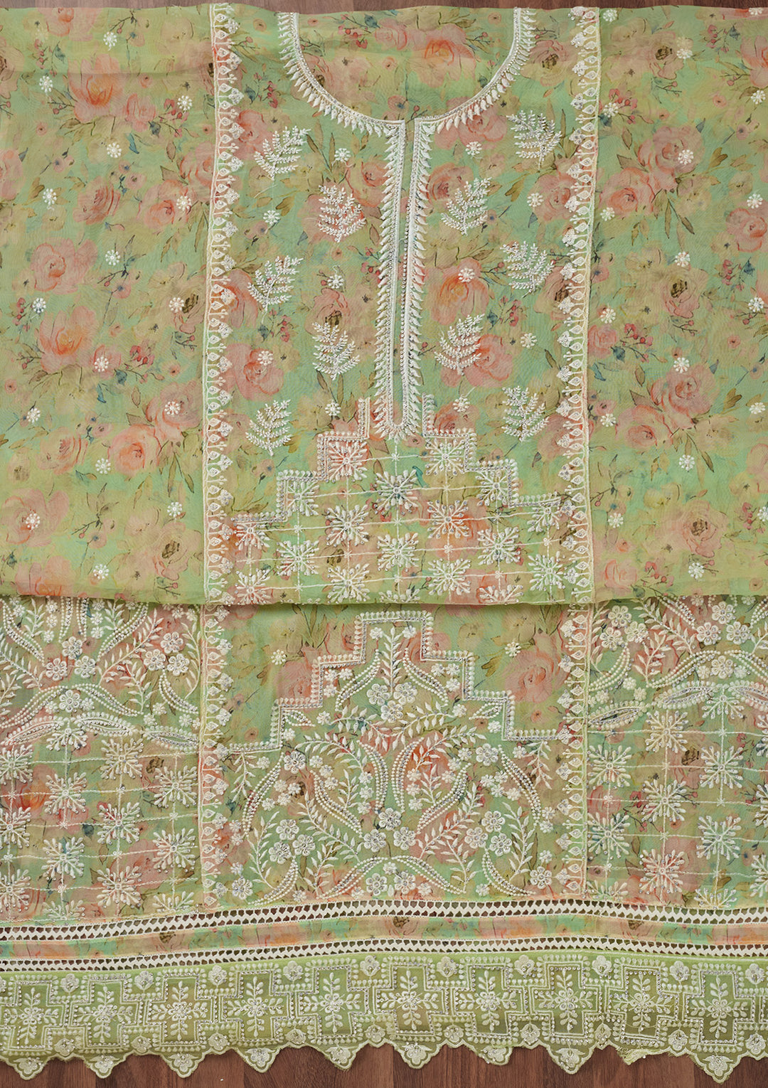 Pista Green Threadwork Georgette Unstitched Salwar Suit