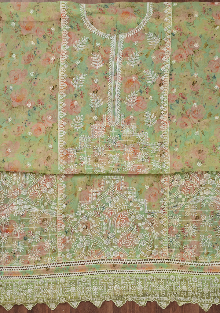 Pista Green Threadwork Georgette Unstitched Salwar Suit