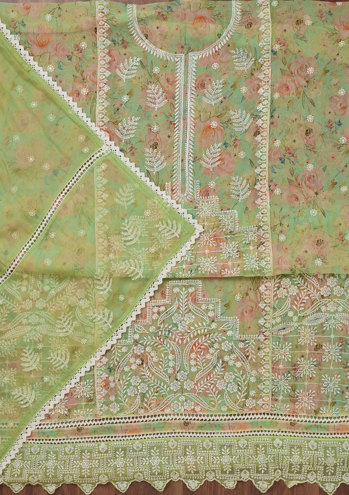 Pista Green Threadwork Georgette Unstitched Salwar Suit