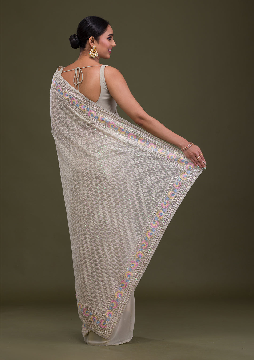 Pista Green Threadwork Georgette Saree