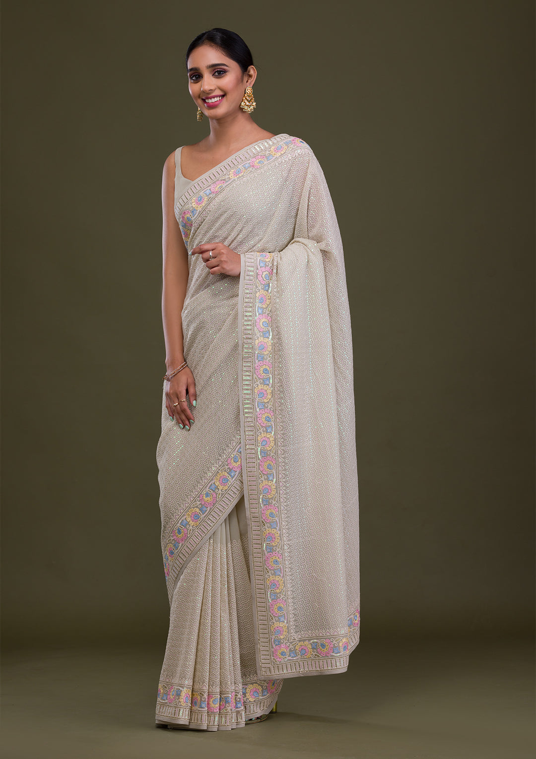 Pista Green Threadwork Georgette Saree