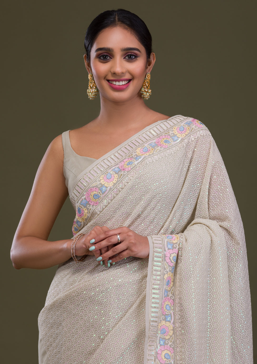 Pista Green Threadwork Georgette Saree