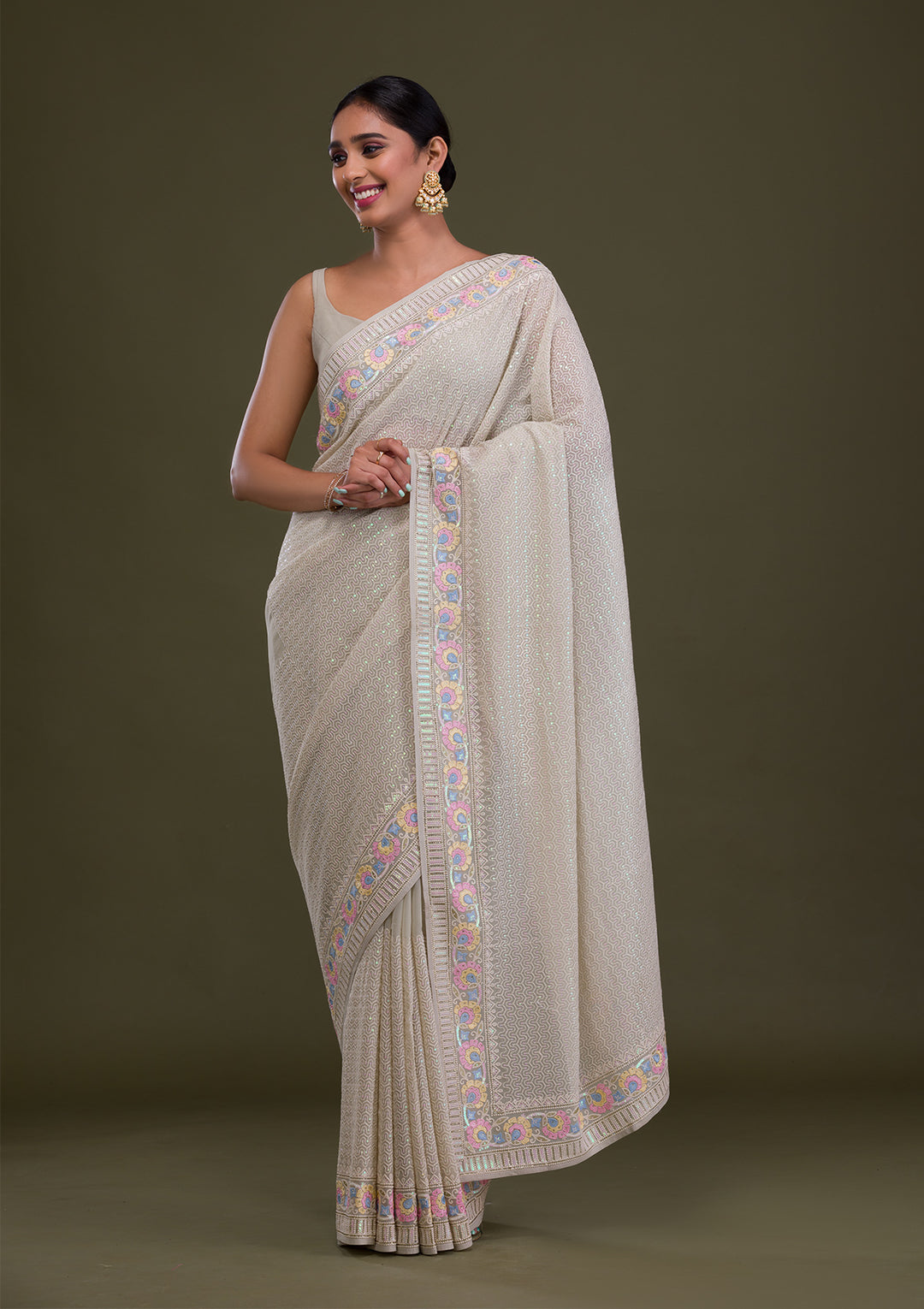 Pista Green Threadwork Georgette Saree