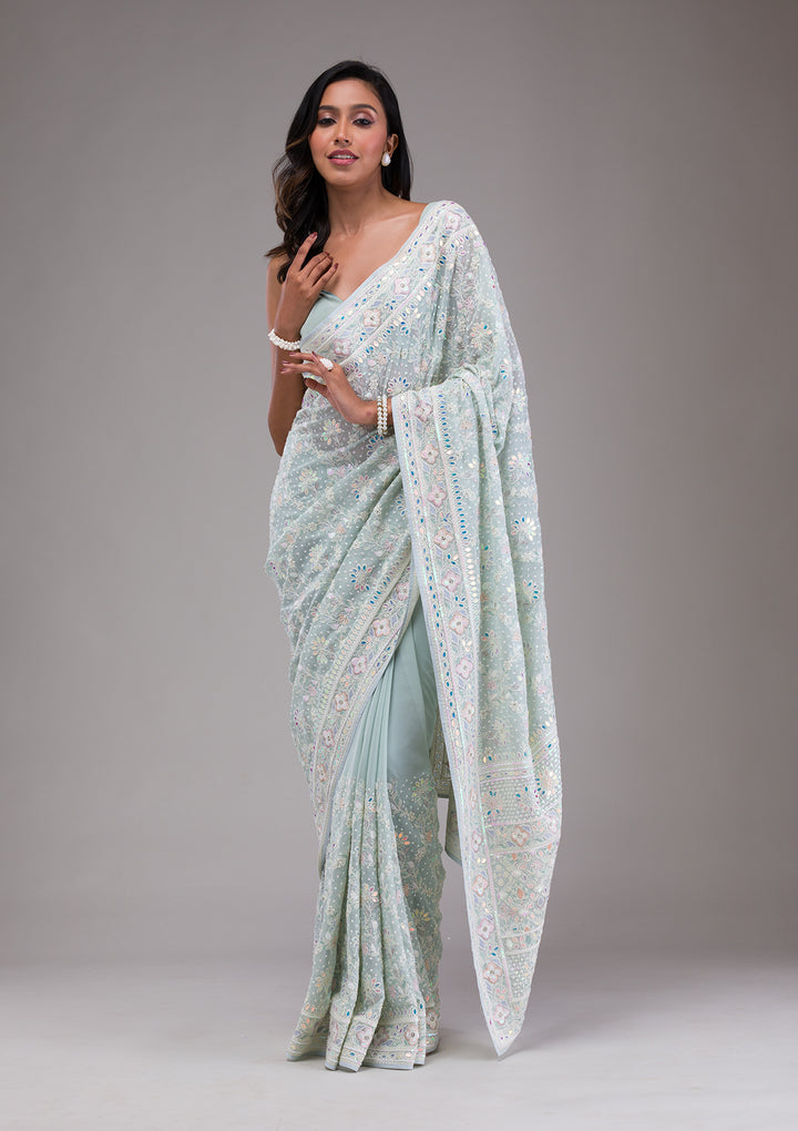 Sky Blue Threadwork Georgette Saree