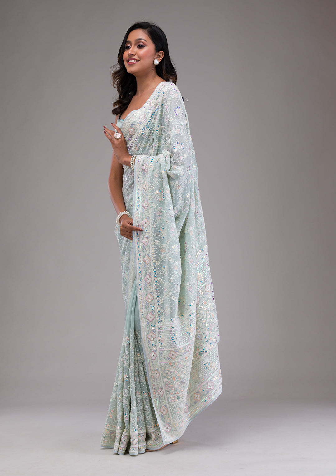 Sky Blue Threadwork Georgette Saree