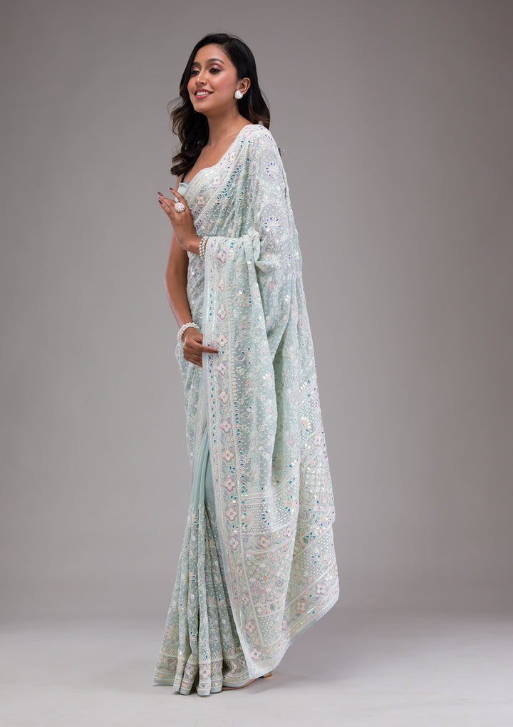 Sky Blue Threadwork Georgette Saree