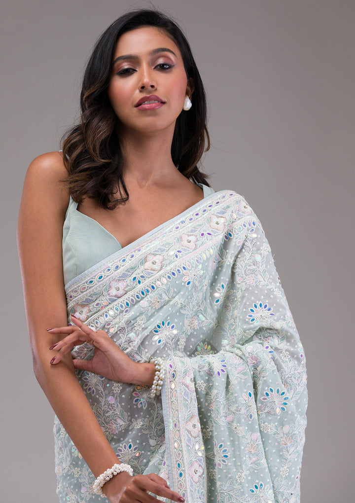 Sky Blue Threadwork Georgette Saree