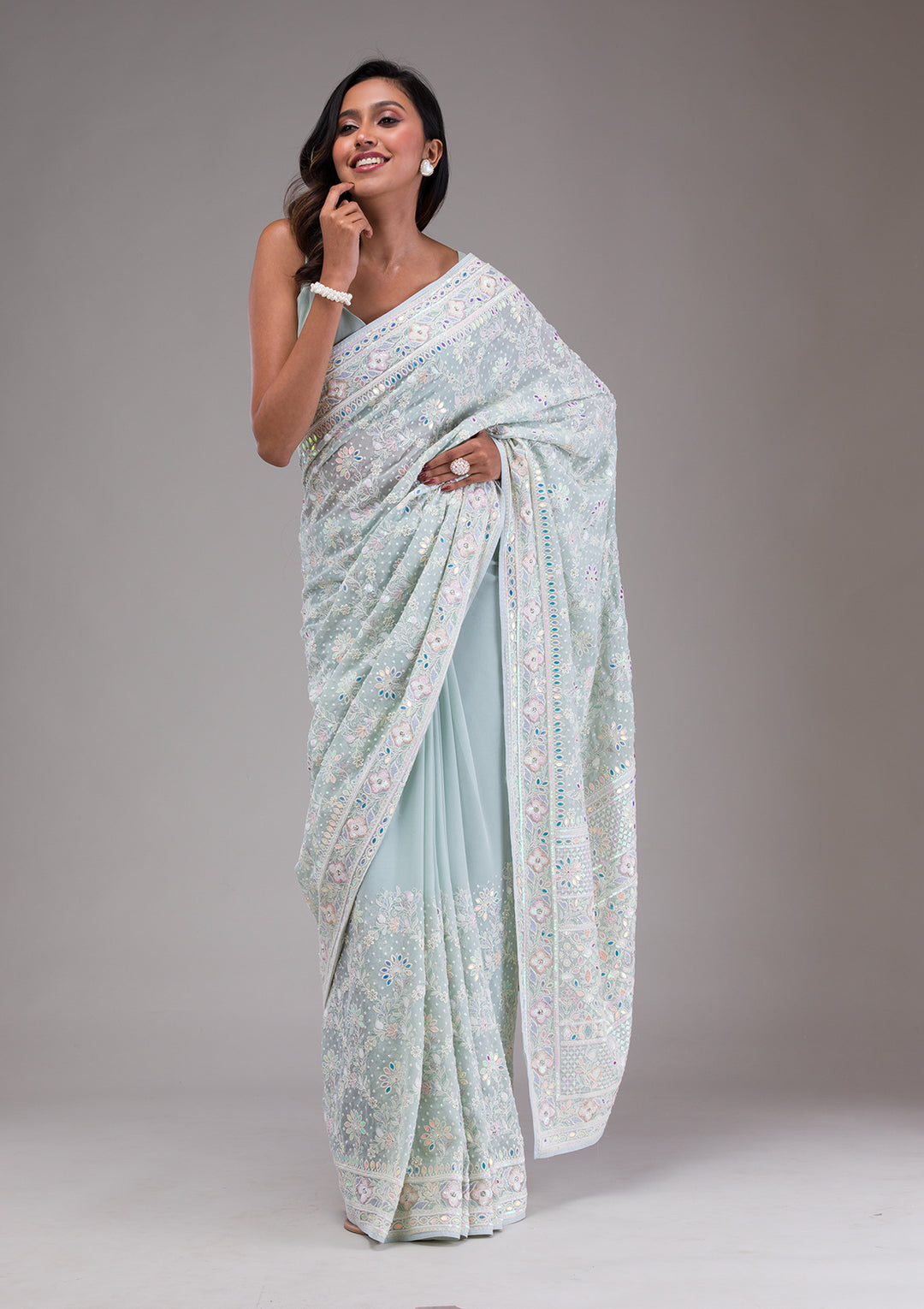 Sky Blue Threadwork Georgette Saree