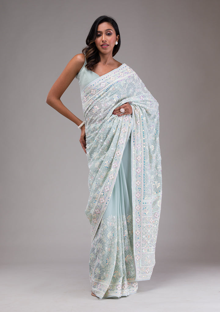 Sky Blue Threadwork Georgette Saree