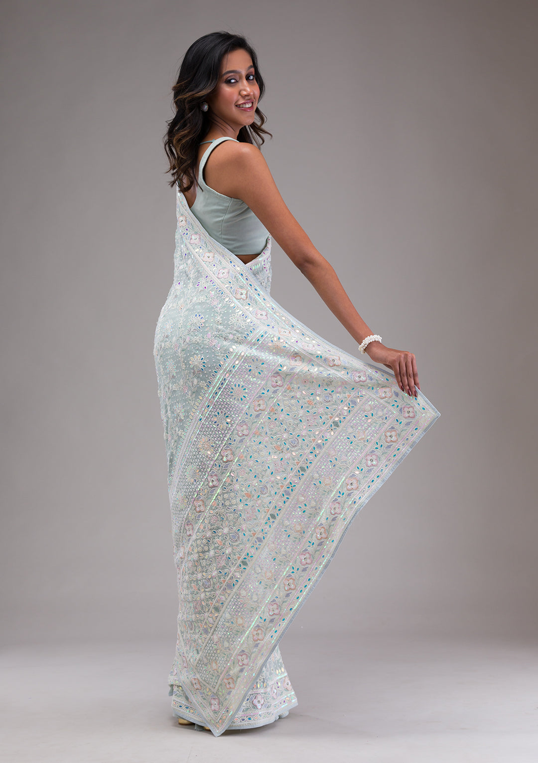 Sky Blue Threadwork Georgette Saree