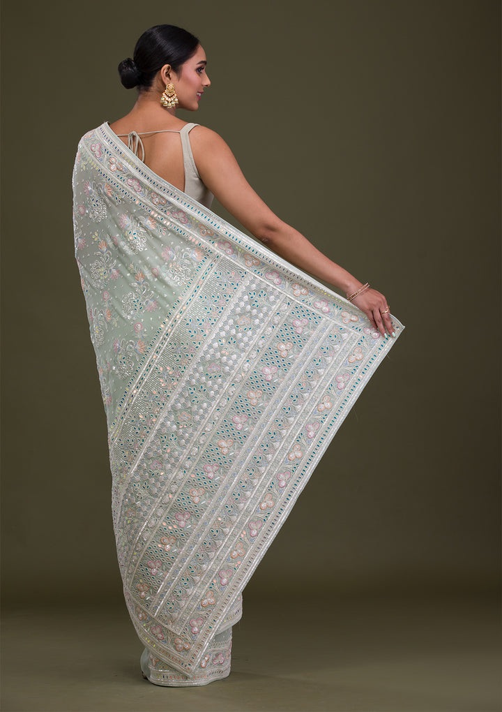 Pista Green Threadwork Georgette Saree