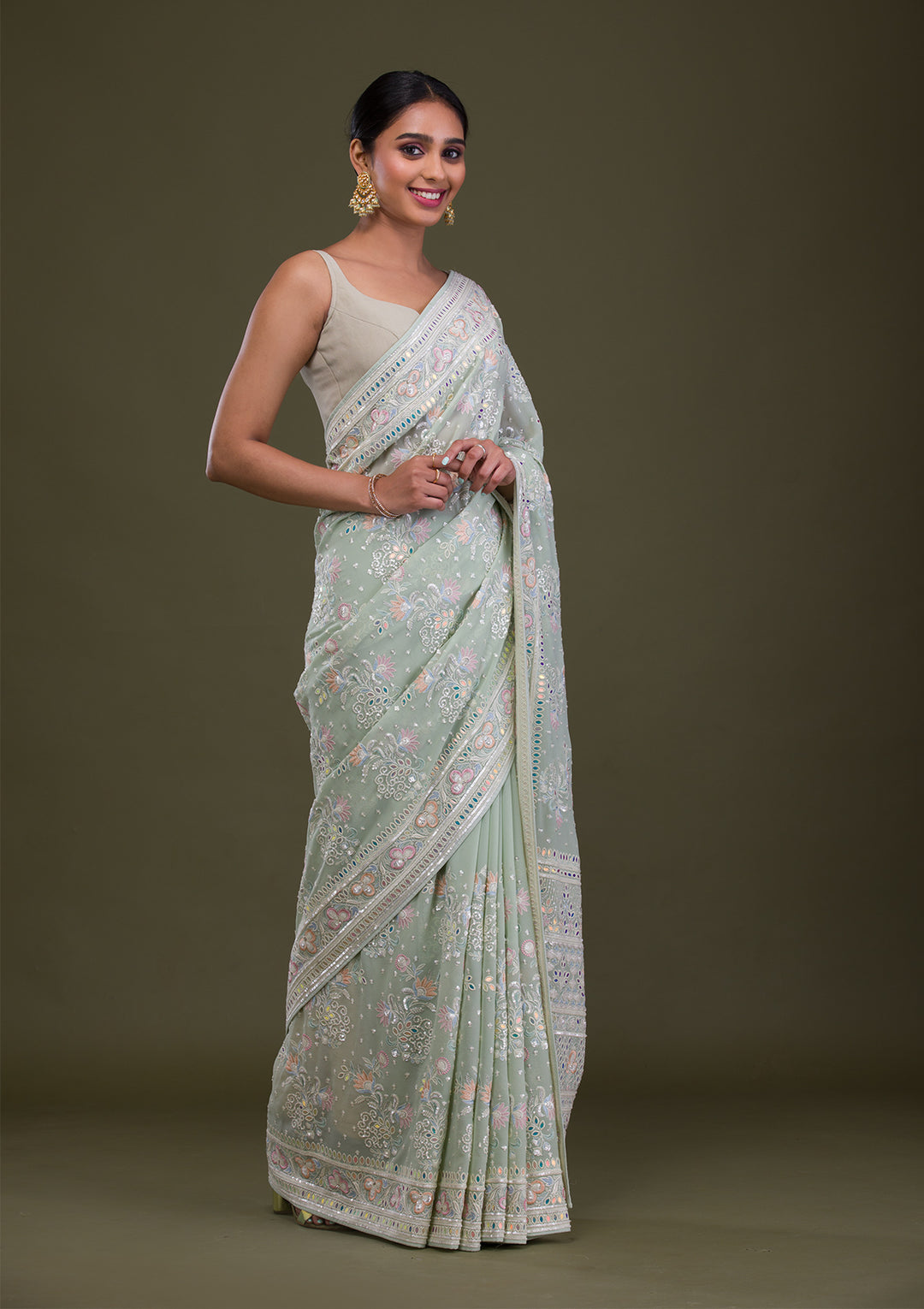 Pista Green Threadwork Georgette Saree