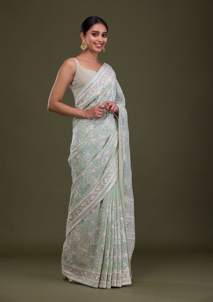 Pista Green Threadwork Georgette Saree