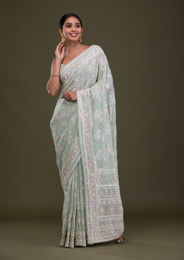 Pista Green Threadwork Georgette Saree