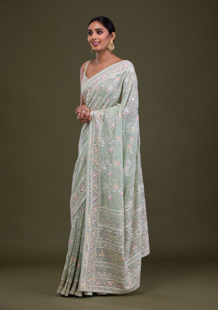 Pista Green Threadwork Georgette Saree