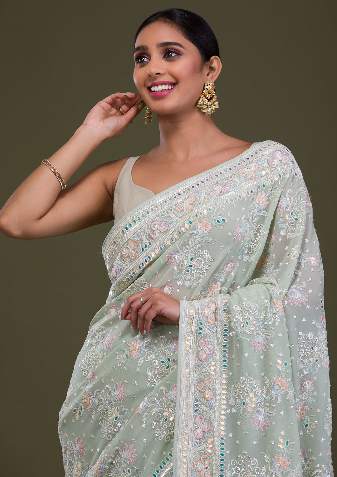 Pista Green Threadwork Georgette Saree