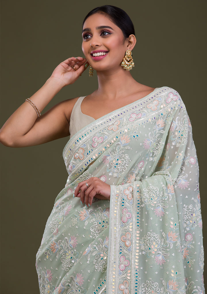 Pista Green Threadwork Georgette Saree