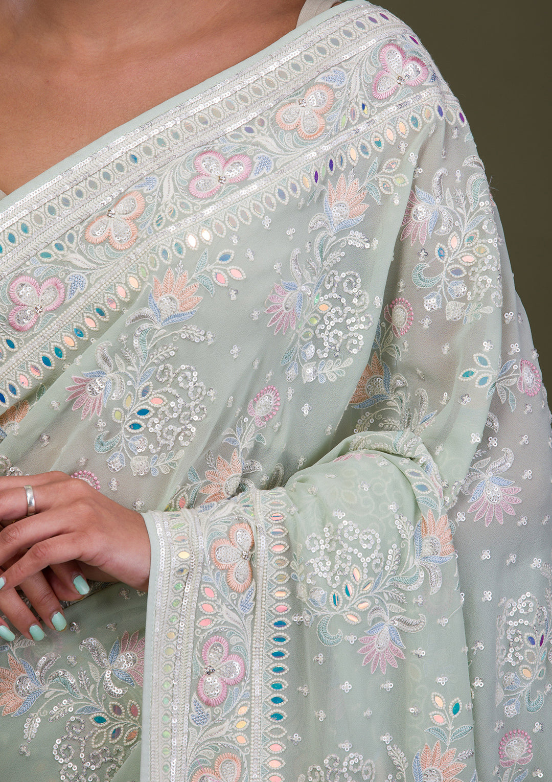 Pista Green Threadwork Georgette Saree