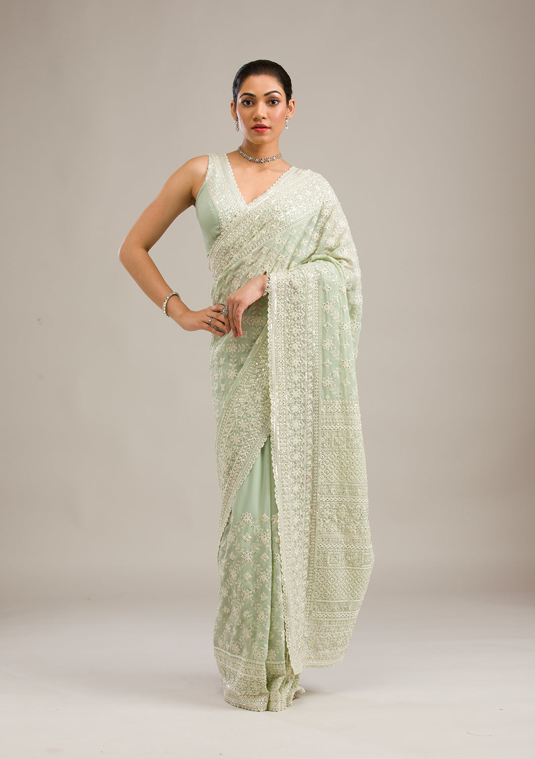 Pista Green Threadwork Georgette Saree